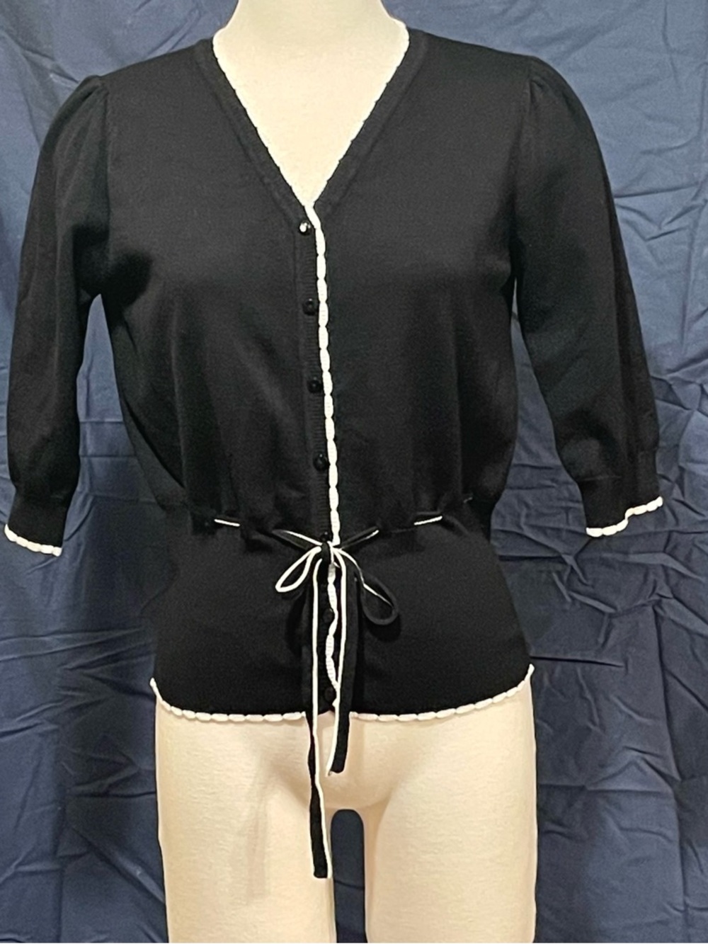 Black V-Neck Tie-Waist Lightweight Cardigan with White Trim
